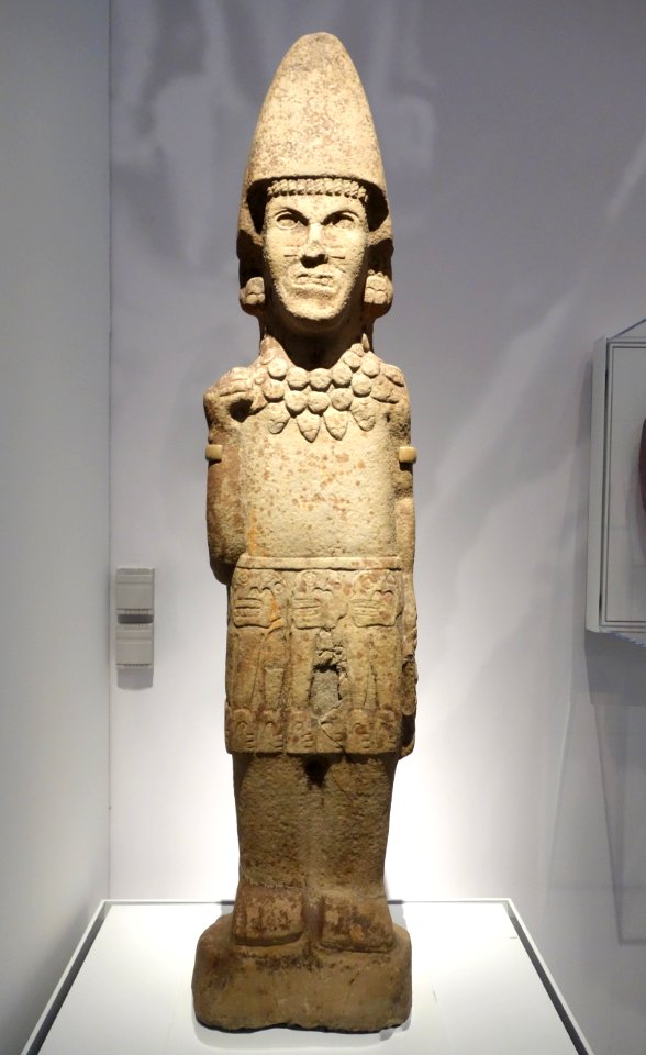 Warrior Figure, probably Mixcoatl-Camaxtle deity, unidentified Huastec artist, Xico Viejo, Veracruz, Mexico, c. 1440-1521 AD, sandstone - Brooklyn Museum - Brooklyn, NY - DSC08459