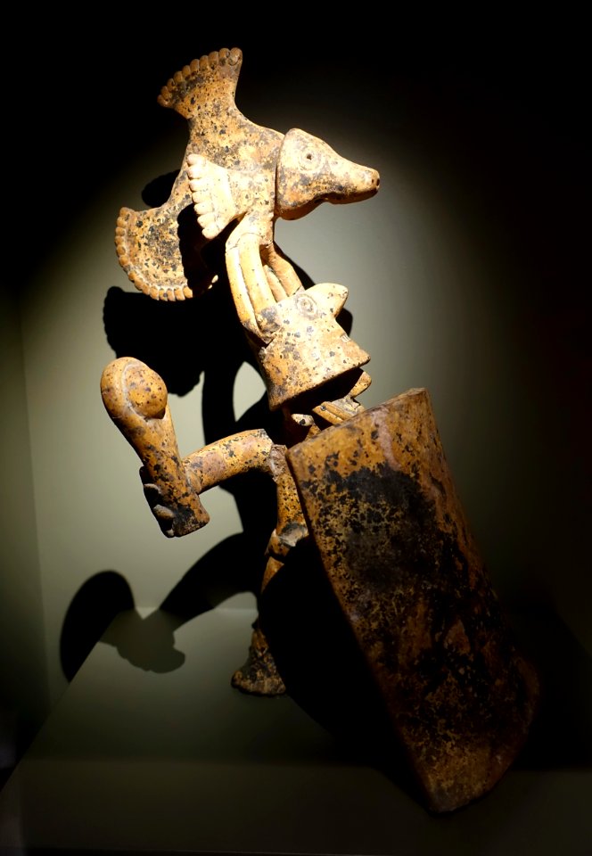 Warrior with bird headdress and shield, Nayarit or Colima state, Late Formative period, c. 100 BC to 200 AD, ceramic - Dallas Museum of Art - DSC04599