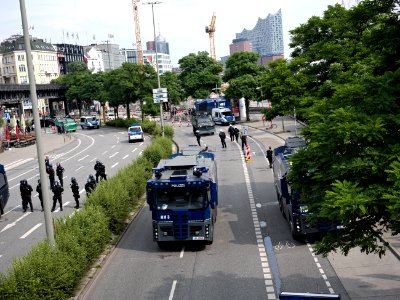 Water cannons next to the Landungsbrücken during G20 summit Hamburg 02