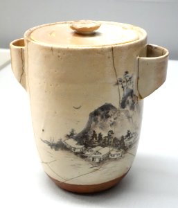 Water jar by Studio of Ninsei, Edo period, 17th century, landscape design in underglaze iron-brown - Tokyo National Museum - DSC05243