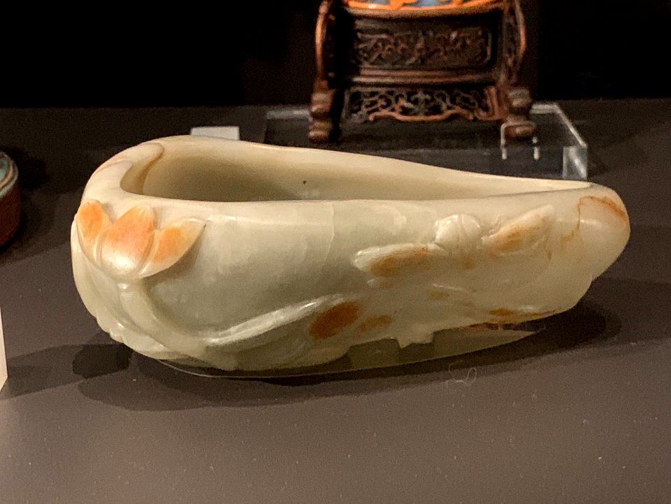 Water container for calligraphy with lotus flower and dragonfly, Jade, China, 19th century at the National Museum of Scotland