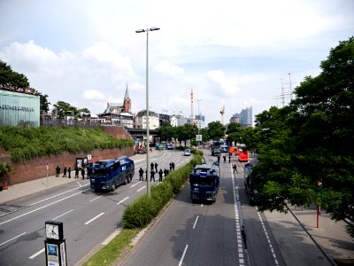 Water cannons next to the Landungsbrücken during G20 summit Hamburg 03