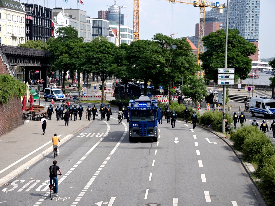 Water cannons next to the Landungsbrücken during G20 summit Hamburg 09