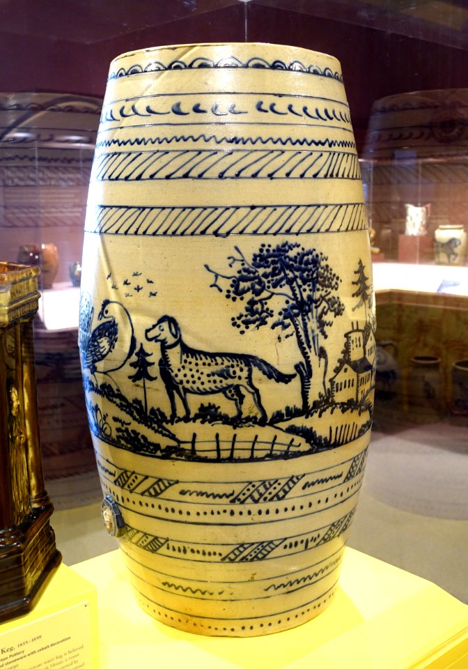 Water keg, J. & E. Norton Pottery, 1855-1859, salt-glazed stoneware with cobalt decoration - Bennington Museum - Bennington, VT - DSC08941