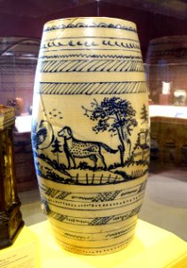 Water keg, J. & E. Norton Pottery, 1855-1859, salt-glazed stoneware with cobalt decoration - Bennington Museum - Bennington, VT - DSC08941
