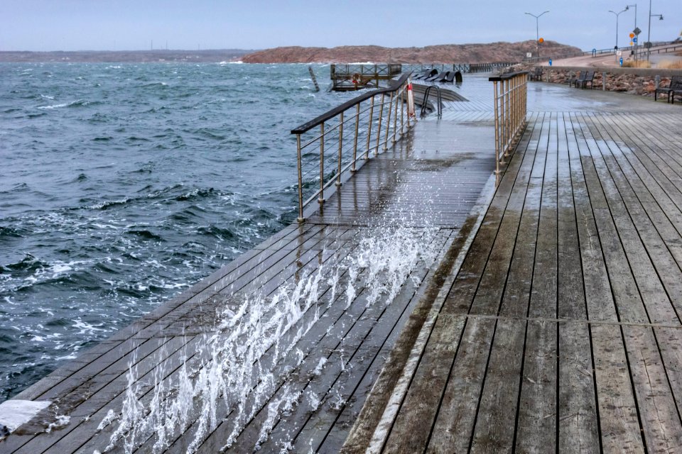 Waves crashing up through the boardwalk in Lysekil during Storm Ciara 2