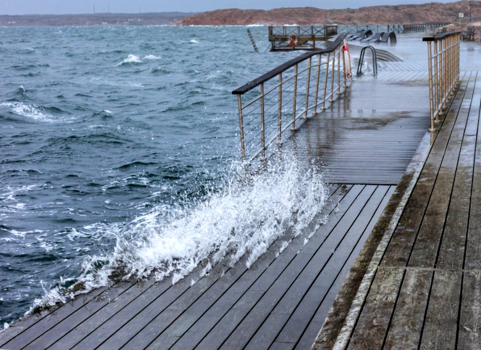 Waves crashing up through the boardwalk in Lysekil during Storm Ciara 1
