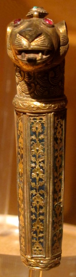 Walking stick handle, central India, 19th century, iron, gold and silver gilt, rubies, emeralds and enamel, HAA