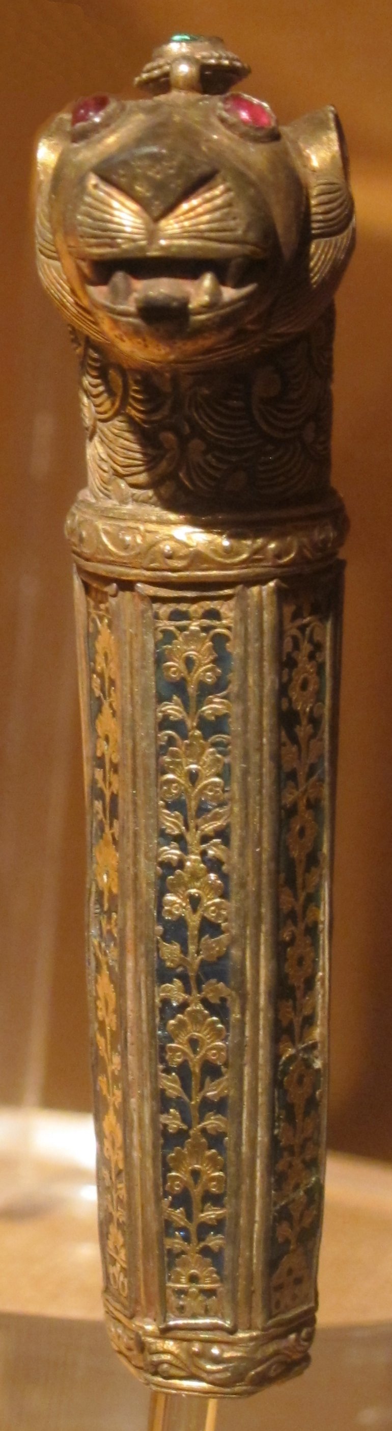 Walking stick handle, central India, 19th century, iron, gold and silver gilt, rubies, emeralds and enamel, HAA