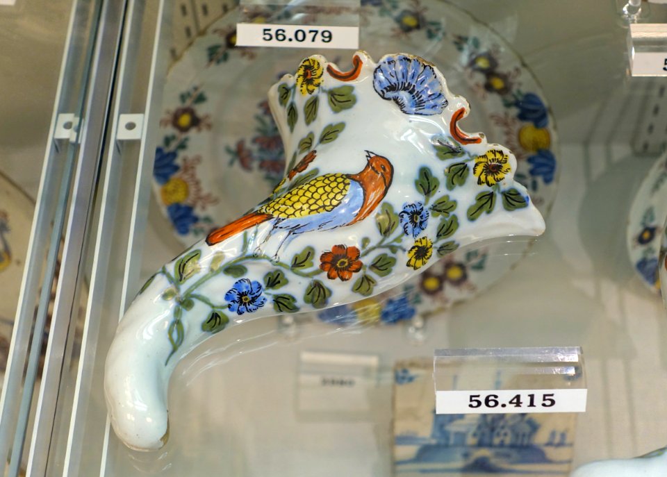 Wall pocket (flower horn), Liverpool, England, c. 1755-1760, tin-glazed earthenware, HD 56.415 - Flynt Center of Early New England Life - Deerfield, Massachusetts - DSC04396