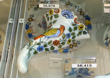 Wall pocket (flower horn), Liverpool, England, c. 1755-1760, tin-glazed earthenware, HD 56.415 - Flynt Center of Early New England Life - Deerfield, Massachusetts - DSC04396