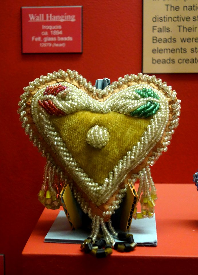 Wall hanging in shape of heart, Iroquois, c. 1894, felt, glass beads - Fairbanks Museum and Planetarium - DSC04321