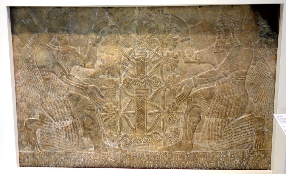 Wall relief with two winged spirits venerating a sacred tree and King Ashurnasirpal II inscription, Nimrud, Northern Mesopotamia, Neo-Assyrian dynasty, c. 884-859 BC, alabaster - Royal Ontario Museum - DSC04528
