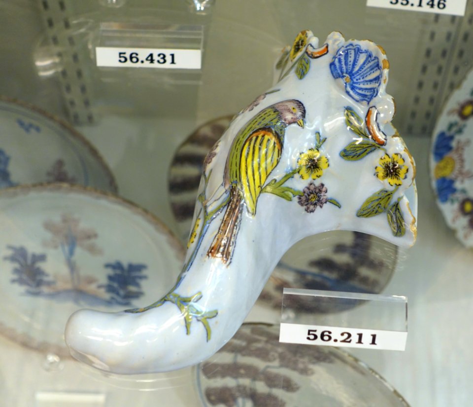 Wall pocket (flower horn), Liverpool, England, c. 1755-1769, tin-glazed earthenware, HD 56.211 - Flynt Center of Early New England Life - Deerfield, Massachusetts - DSC04393