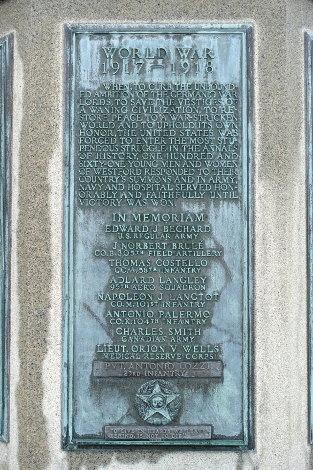 War Memorial, plaque 8 of 8, World War I, c. 1924 - Westford, Massachusetts - DSC09014