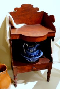 Wash stand, Boston area, early 1800s, mahogany, brass, with basin and pitcher, Staffordshire, England, c. 1818-1846, earthenware - Concord Museum - Concord, MA - DSC05901 photo