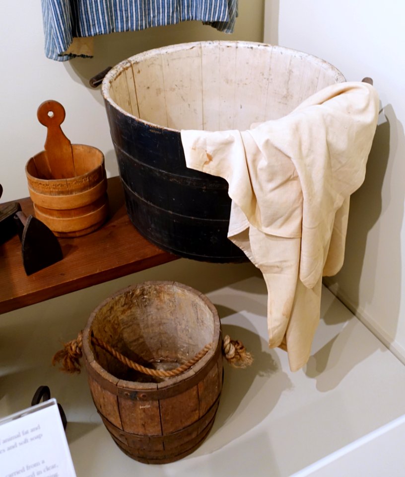 Wash tub, c. 1870, maple, iron, with buckets, 1840-1860, maple, 1800s, pine, ash, all from New England - Concord Museum - Concord, MA - DSC05877