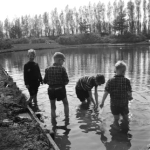 Warme dag, jongens zoeken verkoeling in de Vroesenparkvijvers te Rotterdam, Bestanddeelnr 917-7891