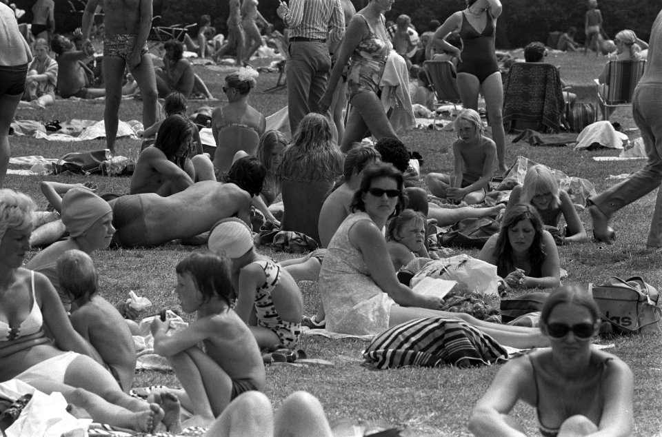 Warmte in Amsterdam, drukte op grasveld in Mirandabad, Bestanddeelnr 926-5138