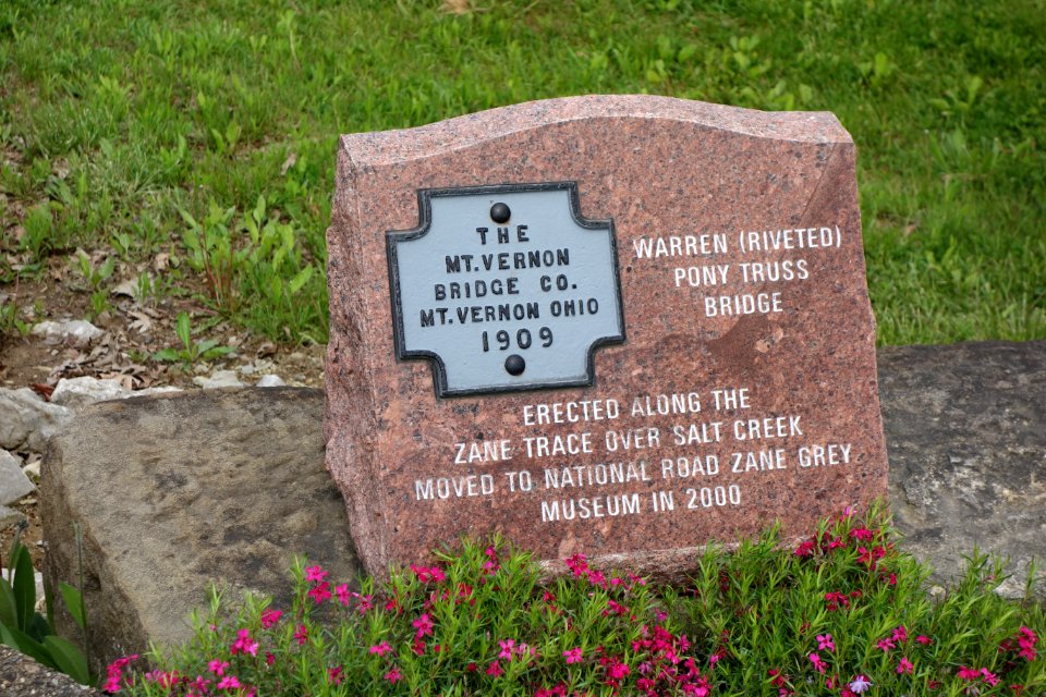 Warren (riveted) pony truss bridge, marker stone, Mt. Vernon Bridge Co, Mt. Vernon, Ohio, 1909 - National Road Museum - DSC02773