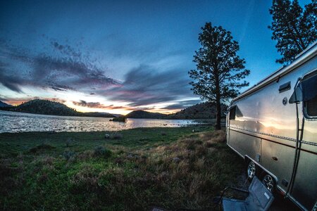 Camping sunset water