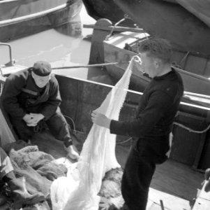 Vissers in Volendam aan boord bezig met het repareren van netten, Bestanddeelnr 254-3824