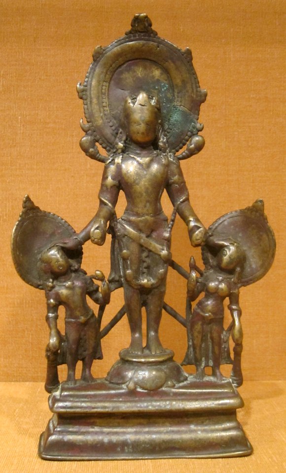 Vishnu with two attendants, Kashmir, 8th-9th century, brass with silver inlay, HAA