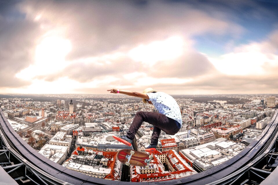 Skater boy view building