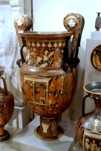 Volute krater, Baltimore Painter, Apulian red figure, view 1, Greece, 330-320 BC, terracotta - Spurlock Museum, UIUC - DSC05797