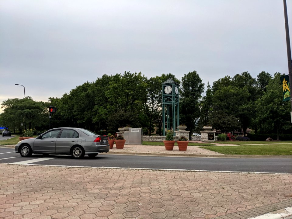 Volunteer Plaza and clock tower in Palatine, Illinois from Hicks Road
