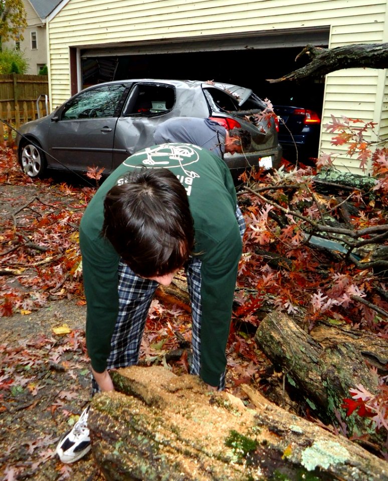 Volunteer helps remove tree debris after Hurricane Sandy