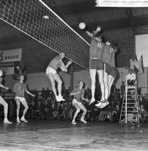 Volleybal Belgie tegen Nederland 3-2, hier smashed Jansen (links) de bal over dr, Bestanddeelnr 918-5819
