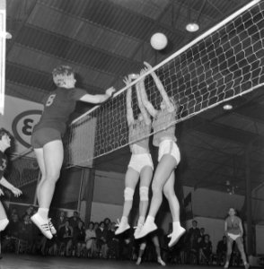 Volleybal dames Belgie tegen Nederland 1-3, aanval Belgis dames, Bestanddeelnr 918-5816