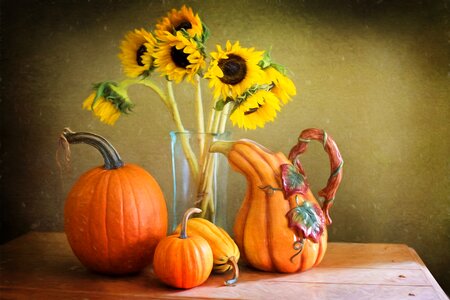 Fall pumpkins sunflowers photo