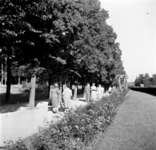 Vlnr mevrouw Löwenstein en Hilde Eschen wandelen in het Kurpark van Bad Mer…, Bestanddeelnr 254-1864