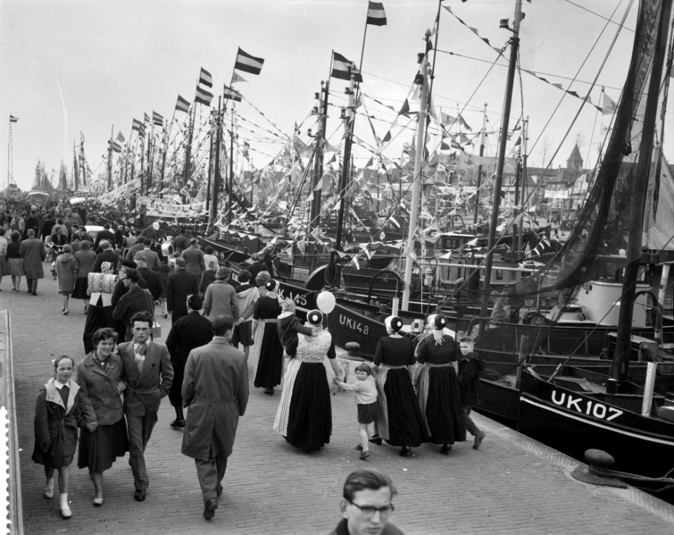 Vlaggetjesdag op Urk, de menigte bekijkt de boten, Bestanddeelnr 911-1602