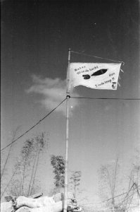 Vlag met een afbeelding van een mortier met de tekst 'beter 10 in de lucht … da, Bestanddeelnr 62-5-3