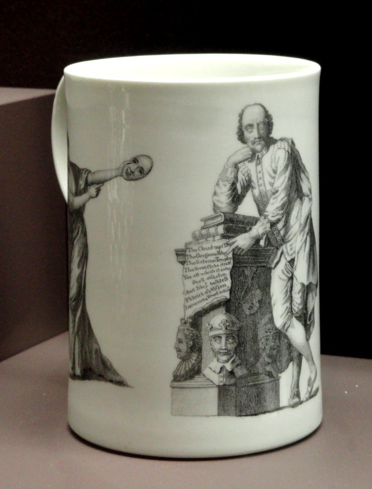 William Shakespeare mug, c. 1769-1770, Worcester Porcelain Manufactory, soapstone soft-paste porcelain, overglaze printed in black enamel - Gardiner Museum, Toronto - DSC01062