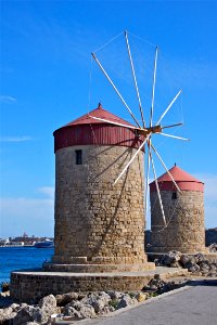 Windmills Rhodes harbour photo