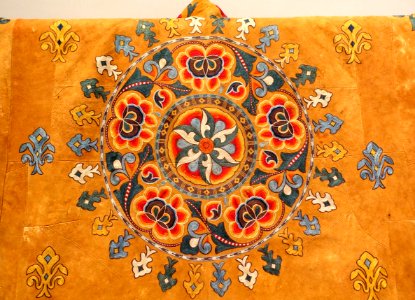 Winter coat for Kazakh man, Uzbekistan, Tashkent, 1850-1900 AD, fur, doe skin, cotton, silk, view 2 - Textile Museum, George Washington University - DSC09544