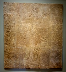 Winged Genie Pollinating the Date Palm, Assyrian, Nimrud (Kalhu), reign of Ashurnasirpal II, 883-859 BC, alabaster - Middlebury College Museum of Art - Middlebury, VT - DSC07902