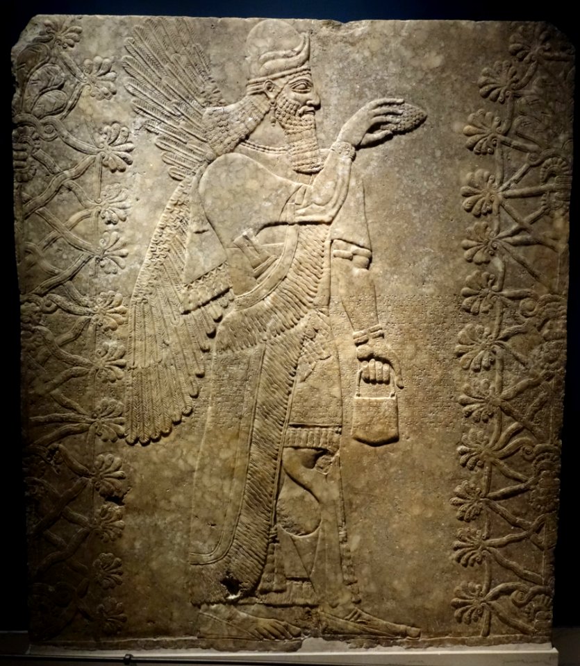 Winged Genie with Horned Helmet - Room L, Northwest Palace, Nimrud (Kalhu), Iraq, Neo-Assyrian Period, reign of Ashur-nasir-pal II, c. 883-859 BC, alabaster - Brooklyn Museum - Brooklyn, NY - DSC08621