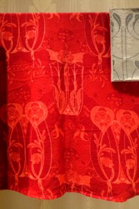 Wine-red curtains that once hung in August Strindberg's dining room - Nordiska museet - Stockholm, Sweden - DSC09821