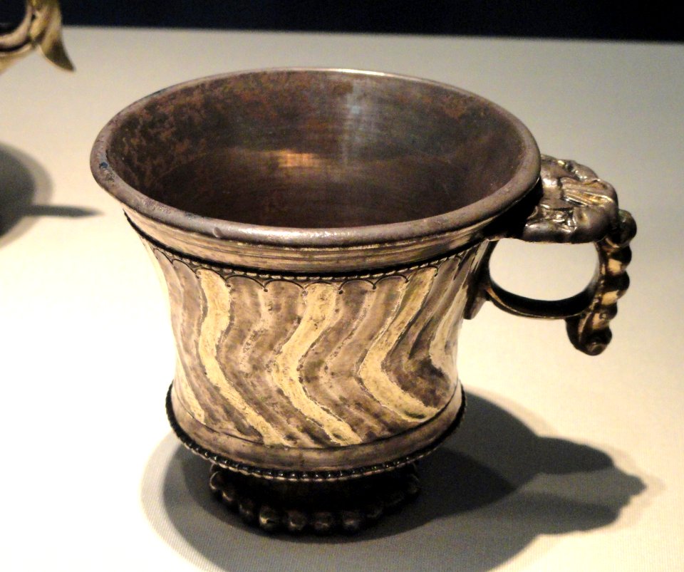 Wine cup with elephant heads on ring handle, Sogdiana, probably Uzbekistan, early 7th century AD, hammered silver with mercury gilding - Freer Gallery of Art - DSC05588