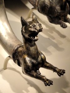 Wine horn with lynx protome, view 2, Iran, Parthian period, 1st century BC - 1st century AD, silver and gilt - Arthur M. Sackler Gallery - DSC05825