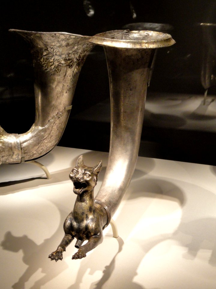 Wine horn with lynx protome, view 1, Iran, Parthian period, 1st century BC - 1st century AD, silver and gilt - Arthur M. Sackler Gallery -DSC05824