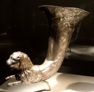 Wine horn with lion protome, Iran, Parthian period, 1st century BC - 1st century AD, silver and gilt - Arthur M. Sackler Gallery - DSC05821