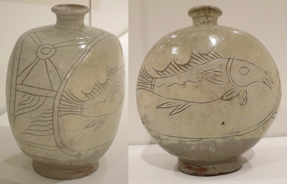 Wine Bottle, Korea, Choson dynasty, 15th century, Stoneware with white slip and celadon glaze - Punch'ong ware