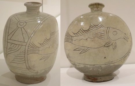 Wine Bottle, Korea, Choson dynasty, 15th century, Stoneware with white slip and celadon glaze - Punch'ong ware photo