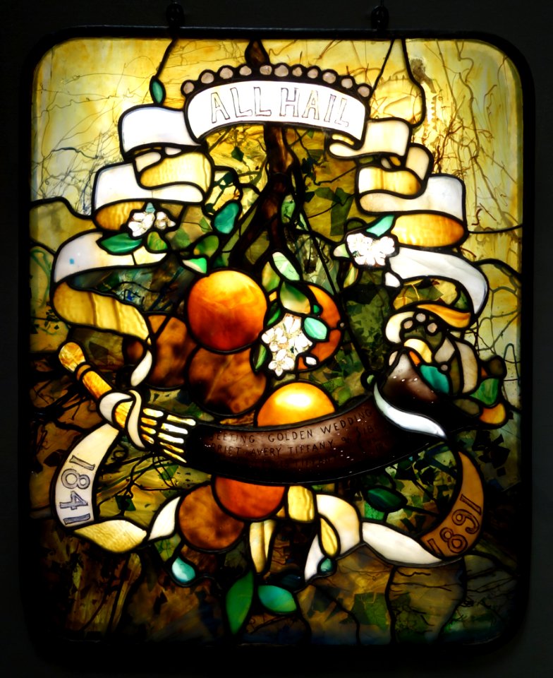 Window to honor his parents' 50th wedding anniversary, by Louis Comfort Tiffany, Tiffany Glass and Decorating Company, c. 1891, leaded glass - New Britain Museum of American Art - DSC09670